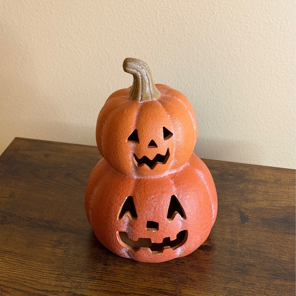 Orange Ceramic Stacked Jack-O-Lantern Pumpkin Halloween Luminary Decor-new
